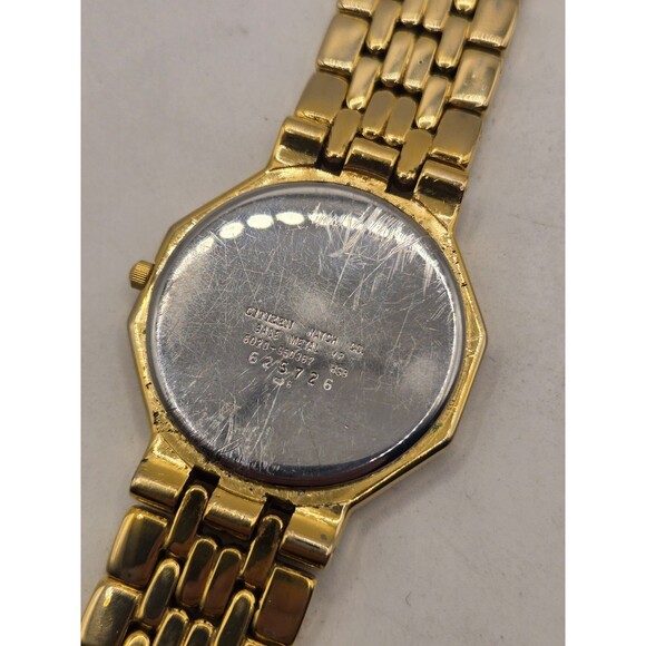 Citizen 6020-S50362 Decagon Japan Bark Dial Roman Numeral Bezel Gold Tone Watch main image 6